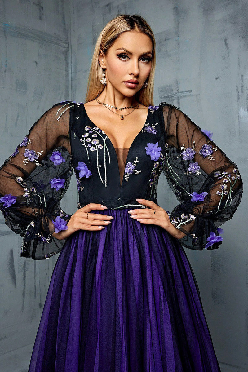 Laden Sie das Bild in den Galerie-Viewer, Blumen Marine A Linie Langes Tüll Kleid für die Brautmutter