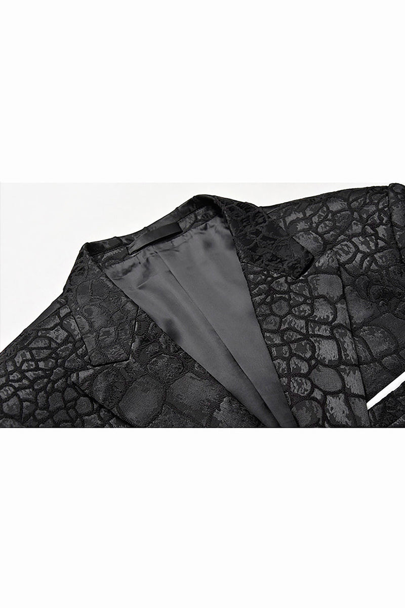 Laden Sie das Bild in den Galerie-Viewer, Schwarzer Jacquard Anzug mit Spitzrevers und einem Knopf 2-teiliger Herrenanzug