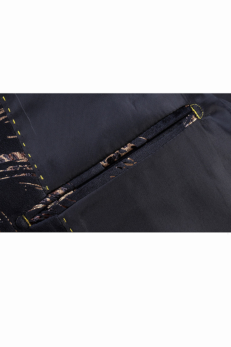 Laden Sie das Bild in den Galerie-Viewer, Schwarz-Goldener Herrenblazer mit Leopardenmuster und gekerbtem Revers und einem Knopf