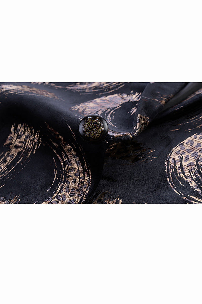 Laden Sie das Bild in den Galerie-Viewer, Schwarz-Goldener Herrenblazer mit Leopardenmuster und gekerbtem Revers und einem Knopf