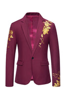 Laden Sie das Bild in den Galerie-Viewer, Burgunderfarbener Herrenblazer mit Blumendruck und einem Knopf und gekerbtem Revers
