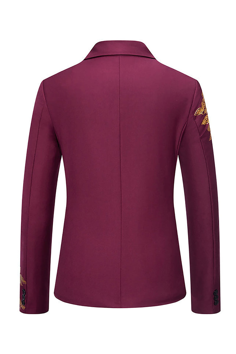 Laden Sie das Bild in den Galerie-Viewer, Burgunderfarbener Herrenblazer mit Blumendruck und einem Knopf und gekerbtem Revers