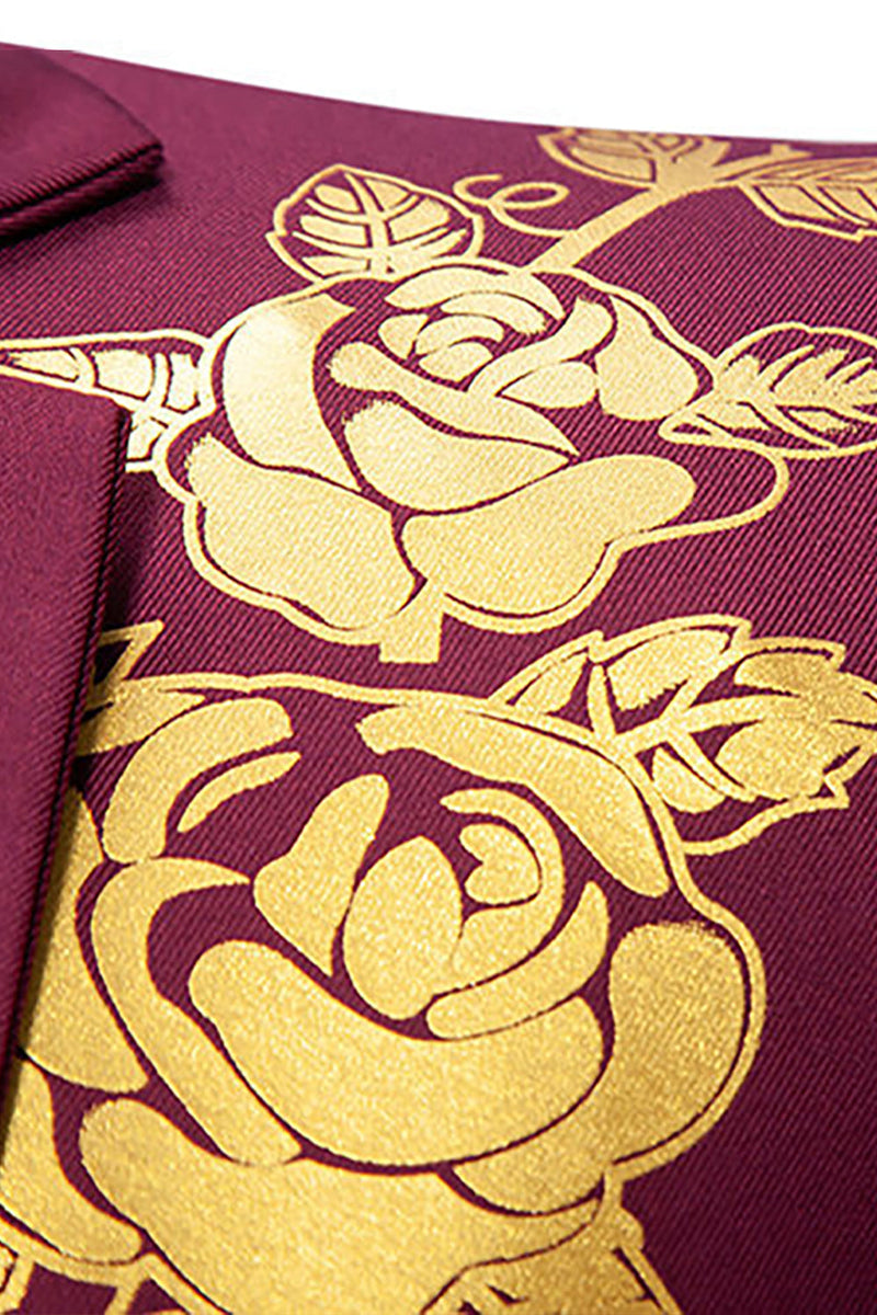 Laden Sie das Bild in den Galerie-Viewer, Burgunderfarbener Herrenblazer mit Blumendruck und einem Knopf und gekerbtem Revers