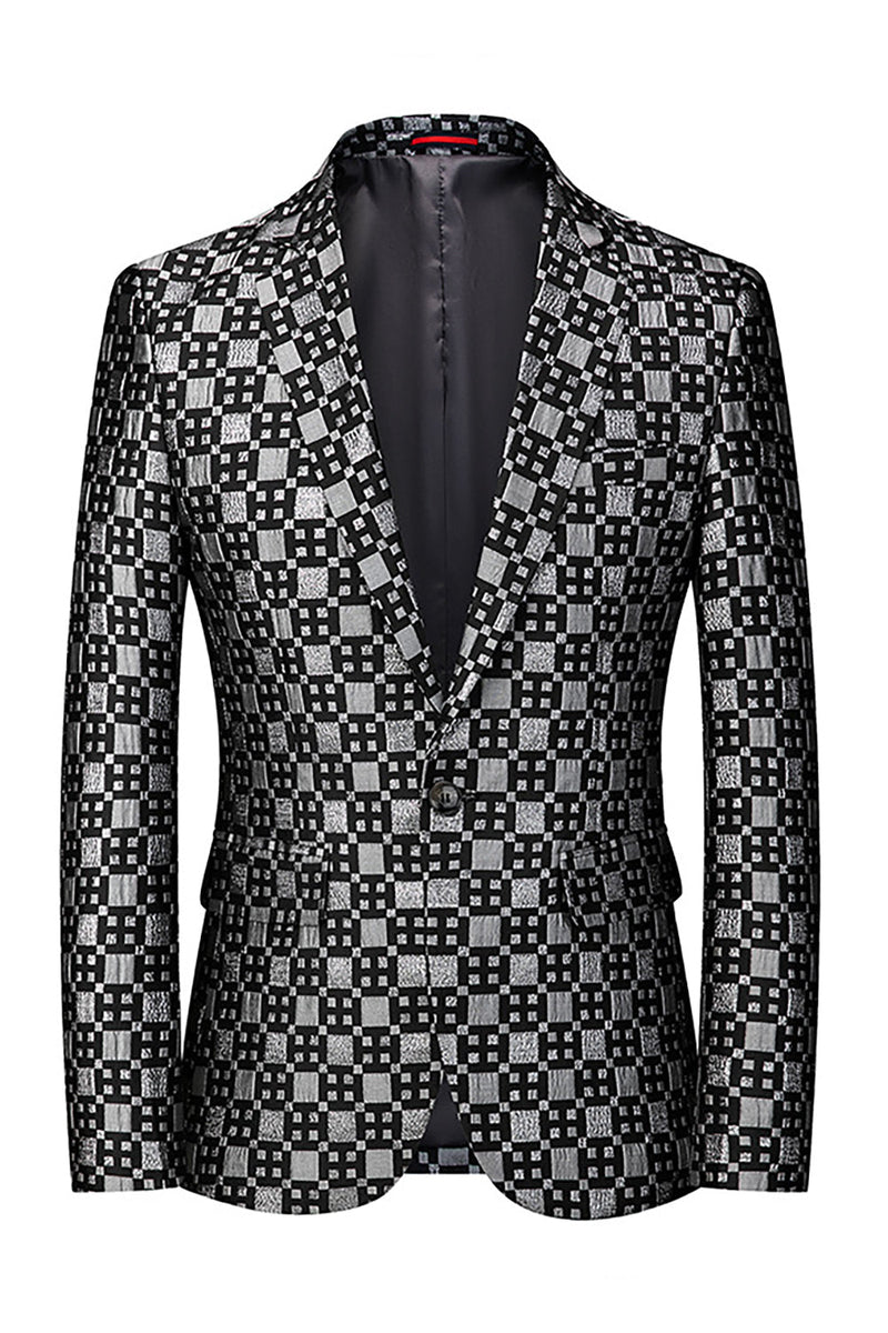 Laden Sie das Bild in den Galerie-Viewer, Schwarzer Karierter Herrenblazer mit gekerbtem Revers und einem Knopf