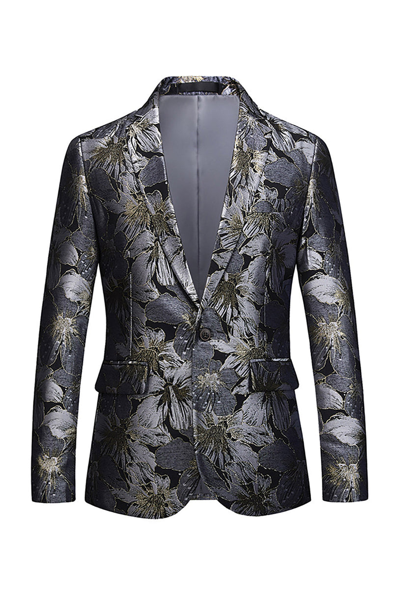 Laden Sie das Bild in den Galerie-Viewer, Herren Jacquard Schwarzer Partyblazer mit gekerbtem Revers und einem Knopf