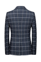 Laden Sie das Bild in den Galerie-Viewer, Dunkelblau Karierter Herrenblazer mit gekerbtem Revers und Taschen