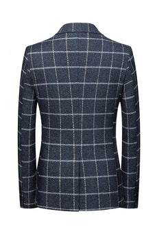 Dunkelblau Karierter Herrenblazer mit gekerbtem Revers und Taschen