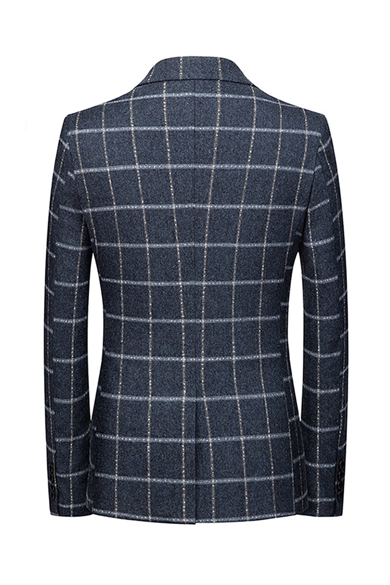 Laden Sie das Bild in den Galerie-Viewer, Dunkelblau Karierter Herrenblazer mit gekerbtem Revers und Taschen