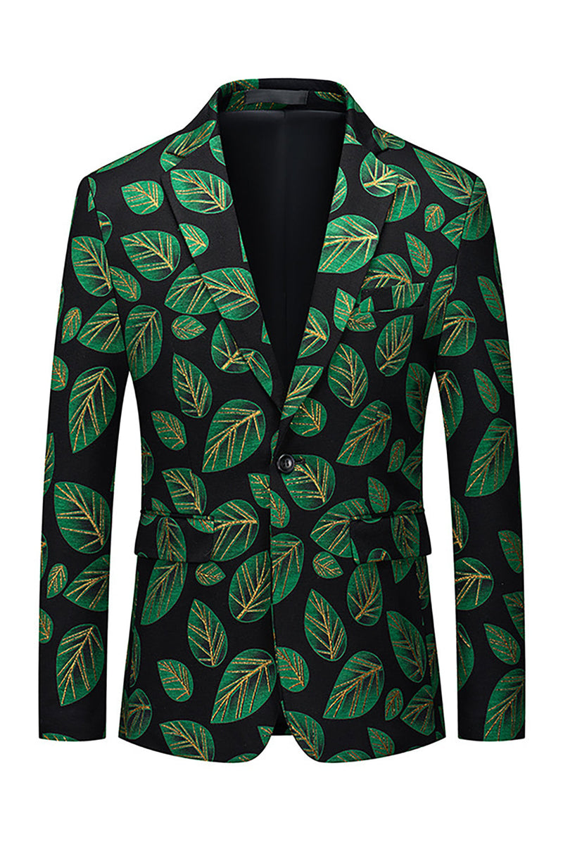 Laden Sie das Bild in den Galerie-Viewer, Dunkelgrüner Ballblazer mit Blattdruck und gekerbtem Revers für Herren