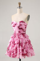 Laden Sie das Bild in den Galerie-Viewer, Rosa Blume A-Linie Trägerloses Gestuftes Kurzes Cocktailkleid mit Schleife vorne