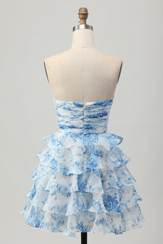 Trägerloses Weiß-blaues Blumen A-Linie Gestuftes Kurzes Cocktailkleid mit Schleife