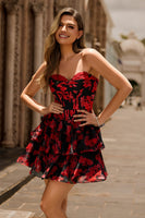 Laden Sie das Bild in den Galerie-Viewer, Schwarzes Rotes Geblümtes A-Linie Herzausschnitt Korsett Cocktailkleid