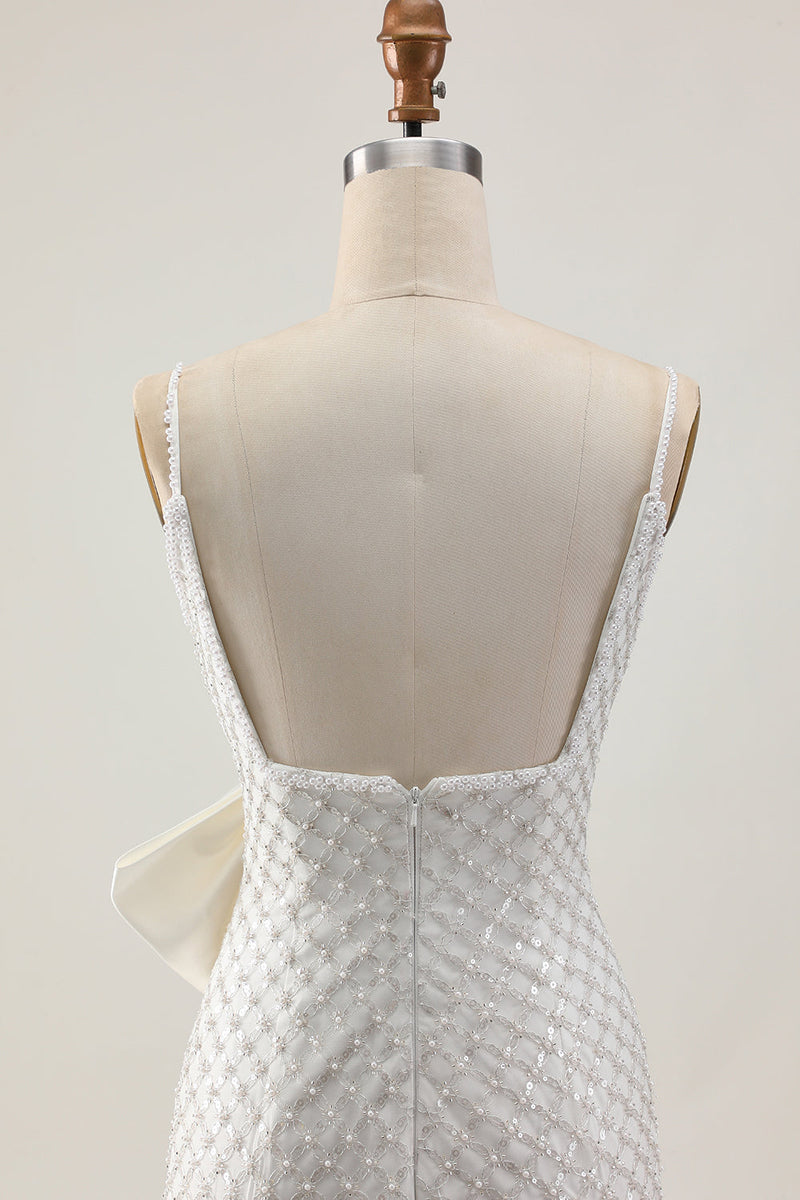 Laden Sie das Bild in den Galerie-Viewer, Perlen Weißes Bodycon Pailletten Cocktailkleid mit Schleife