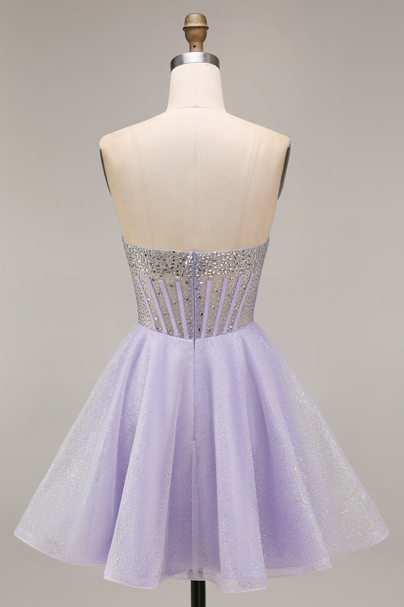 Laden Sie das Bild in den Galerie-Viewer, Trägerloses A-Linie Flieder Pailletten Korsett Kurzes Abendkleid mit Perlen