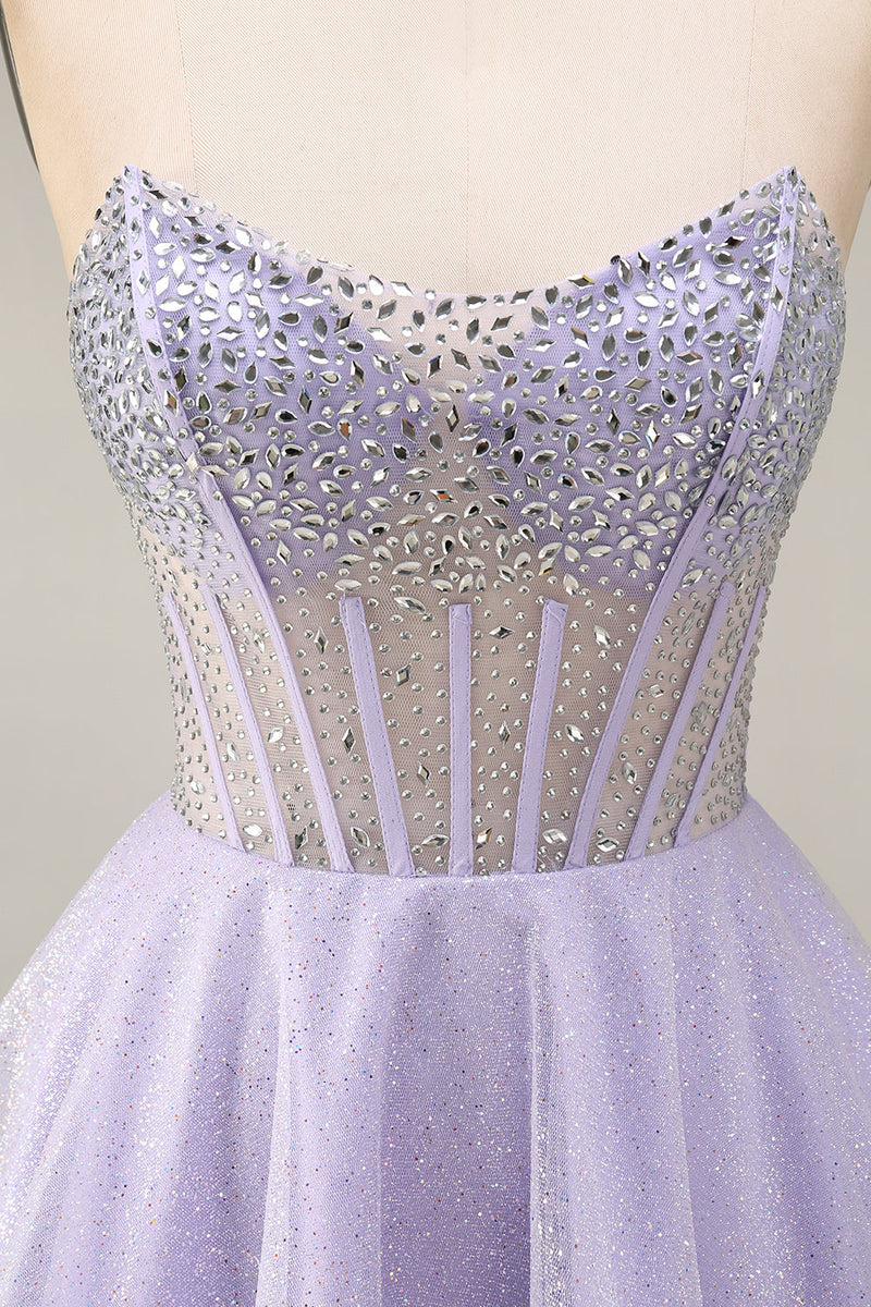 Laden Sie das Bild in den Galerie-Viewer, Trägerloses A-Linie Flieder Pailletten Korsett Kurzes Abendkleid mit Perlen