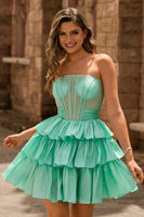 Laden Sie das Bild in den Galerie-Viewer, Trägerloses Rotes A-Linie Korsett Kurzes Cocktailkleid mit Schleife mit Perlen