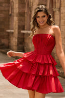 Laden Sie das Bild in den Galerie-Viewer, Trägerloses Rotes A-Linie Korsett Kurzes Cocktailkleid mit Schleife mit Perlen