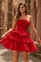 Laden Sie das Bild in den Galerie-Viewer, Trägerloses Rotes A-Linie Korsett Kurzes Cocktailkleid mit Schleife mit Perlen