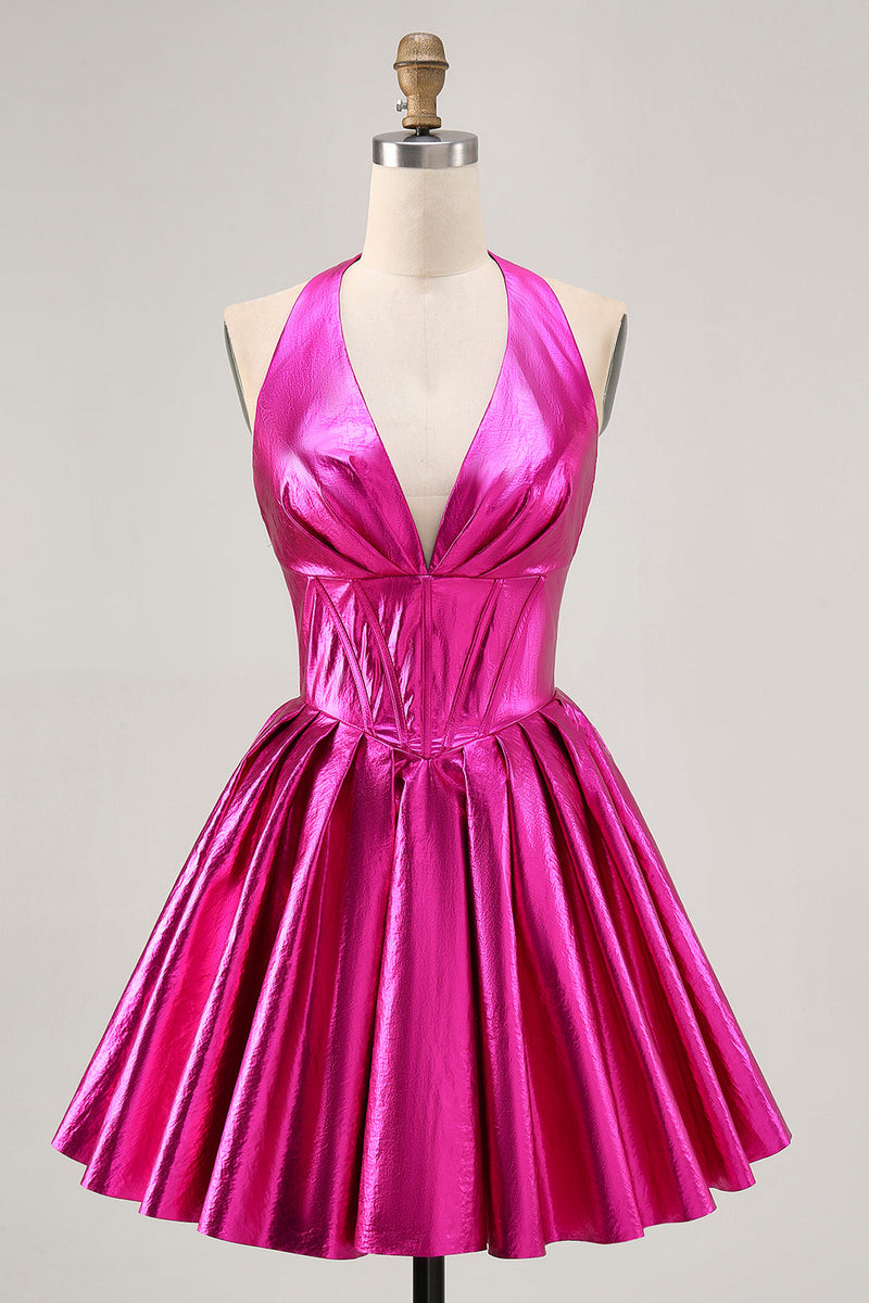 Laden Sie das Bild in den Galerie-Viewer, Metallic Fuchsia Neckholder Plissee Cocktailkleid