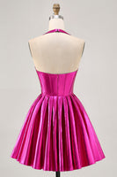 Laden Sie das Bild in den Galerie-Viewer, Metallic Fuchsia Neckholder Plissee Cocktailkleid