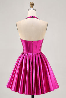 Metallic Fuchsia Neckholder Plissee Cocktailkleid