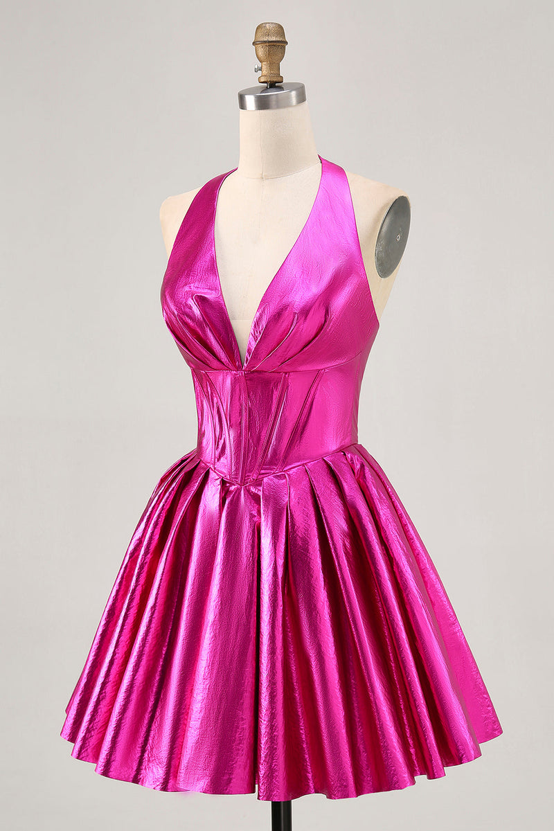 Laden Sie das Bild in den Galerie-Viewer, Metallic Fuchsia Neckholder Plissee Cocktailkleid