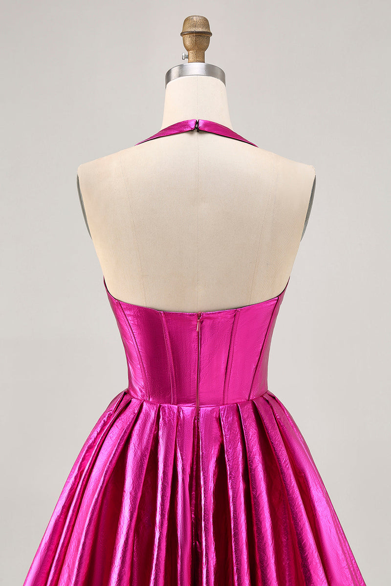 Laden Sie das Bild in den Galerie-Viewer, Metallic Fuchsia Neckholder Plissee Cocktailkleid