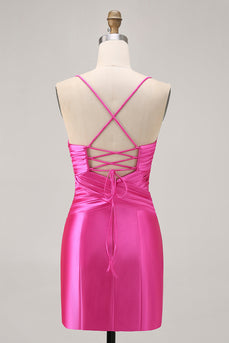Fuchsia Plissiertes Enges Abiballkleid mit Schleife