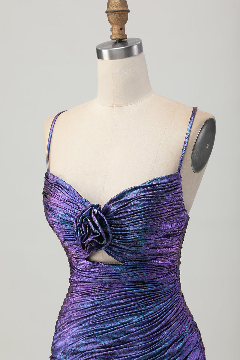 Laden Sie das Bild in den Galerie-Viewer, Metallic Blaues Lila Figurbetontes Abiballkleid mit Rüschen