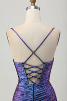 Laden Sie das Bild in den Galerie-Viewer, Metallic Blaues Lila Figurbetontes Abiballkleid mit Rüschen