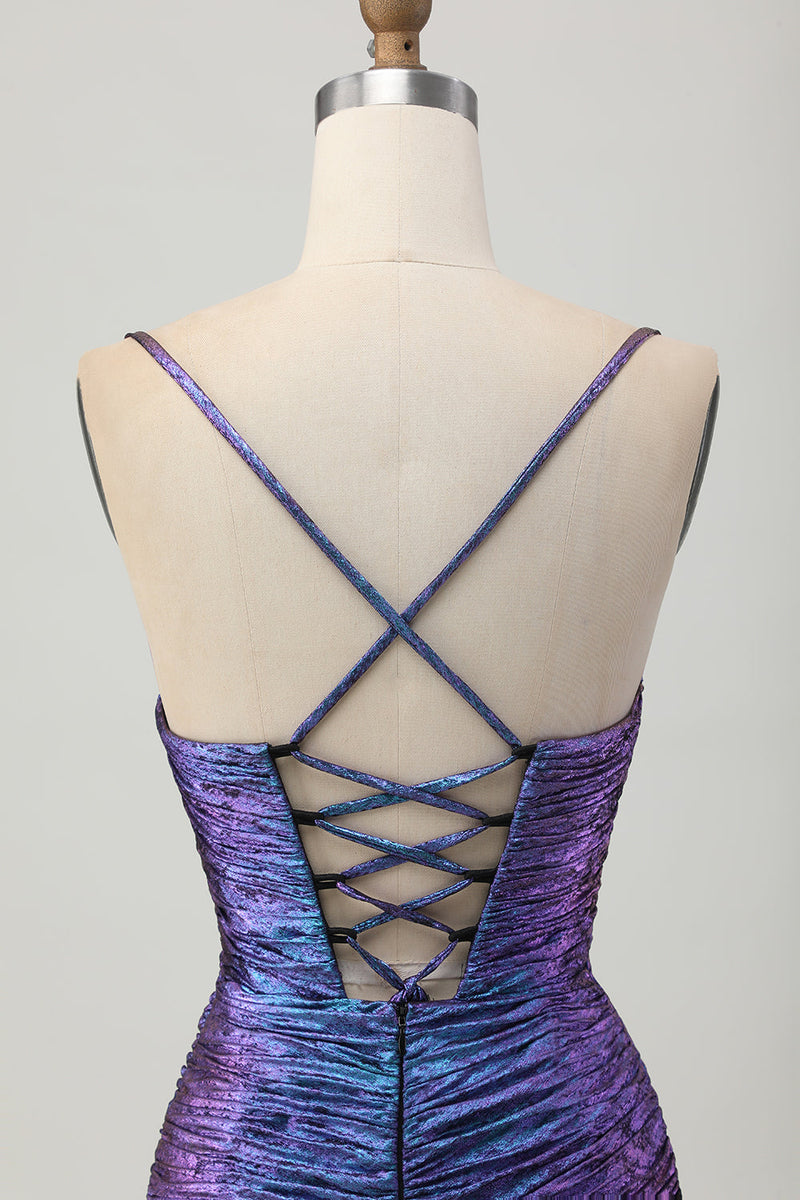 Laden Sie das Bild in den Galerie-Viewer, Metallic Blaues Lila Figurbetontes Abiballkleid mit Rüschen