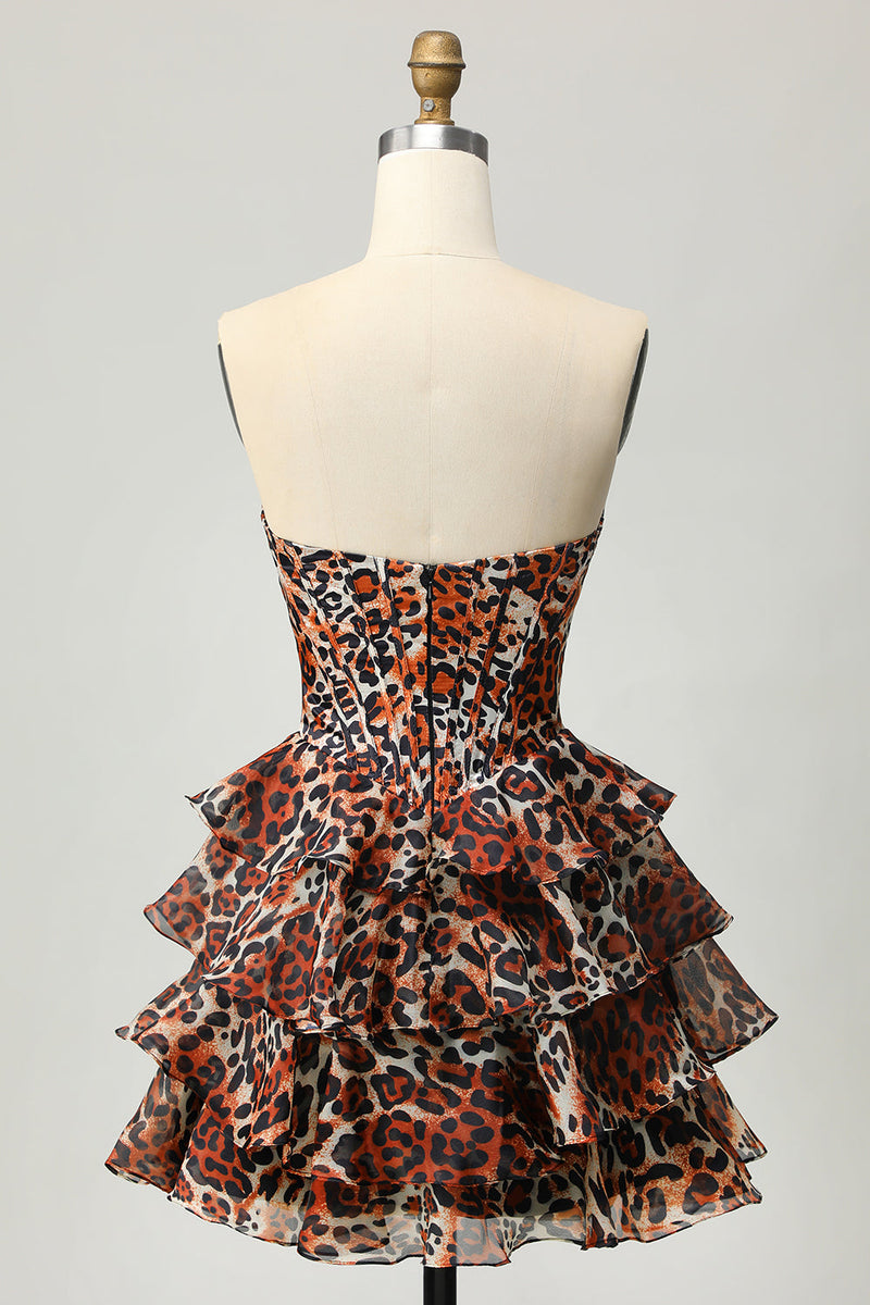 Laden Sie das Bild in den Galerie-Viewer, Khaki Leoparden A-Linie Korsett Korsett Kurzes Gestuftes Cocktailkleid