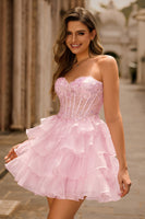 Laden Sie das Bild in den Galerie-Viewer, Rosa Gestuftes Pailletten Trägerloses Korsett Mini Cocktailkleid