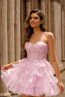 Laden Sie das Bild in den Galerie-Viewer, Rosa Gestuftes Pailletten Trägerloses Korsett Mini Cocktailkleid