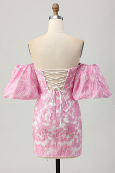 Rosa Geblümtes Schulterfreies Cocktailkleid mit abnehmbaren Ärmeln