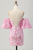 Laden Sie das Bild in den Galerie-Viewer, Trägerloses Blumen Rosa Cocktailkleid mit Puffärmeln