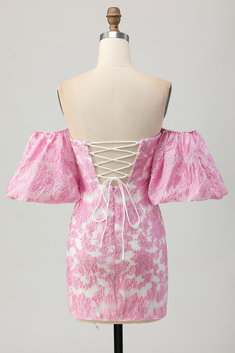 Laden Sie das Bild in den Galerie-Viewer, Trägerloses Blumen Rosa Cocktailkleid mit Puffärmeln