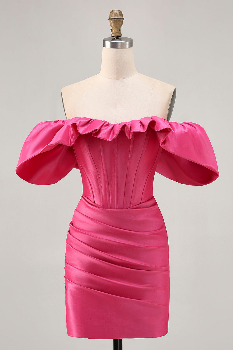 Laden Sie das Bild in den Galerie-Viewer, Schulterfreies Satin Fuchsia Rüschen Enges Abiballkleid