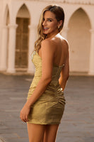 Laden Sie das Bild in den Galerie-Viewer, Golden Bodycon Trägerloses Kurzes Cocktailkleid mit Perlen
