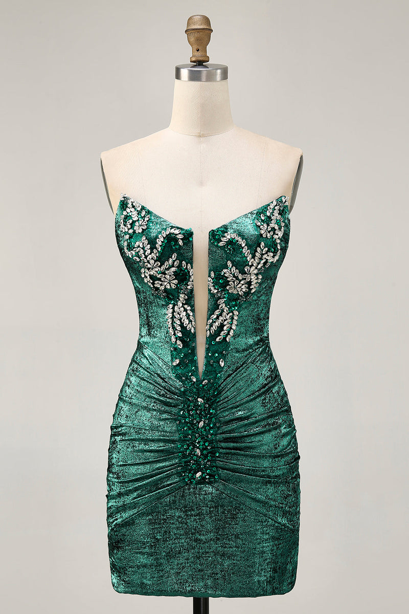 Laden Sie das Bild in den Galerie-Viewer, Golden Bodycon Trägerloses Kurzes Cocktailkleid mit Perlen