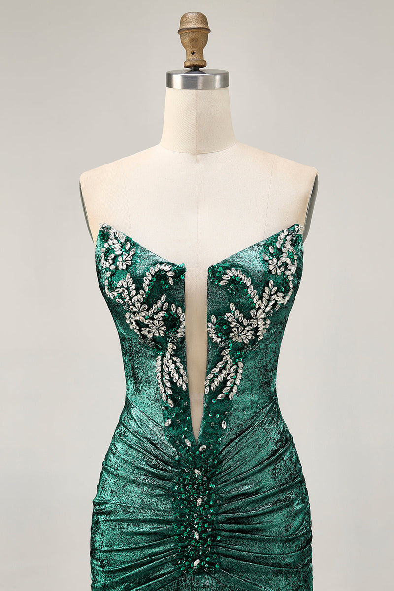 Laden Sie das Bild in den Galerie-Viewer, Golden Bodycon Trägerloses Kurzes Cocktailkleid mit Perlen