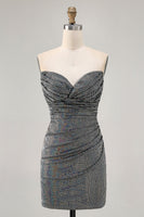 Laden Sie das Bild in den Galerie-Viewer, Funkelndes Schwarzes Trägerloses Enges Kurzes Cocktailkleid mit Pailletten