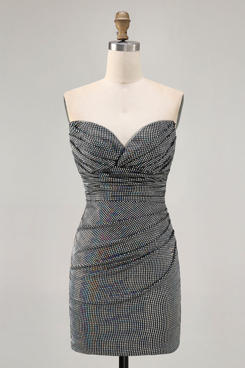 Laden Sie das Bild in den Galerie-Viewer, Funkelndes Schwarzes Trägerloses Enges Kurzes Cocktailkleid mit Pailletten