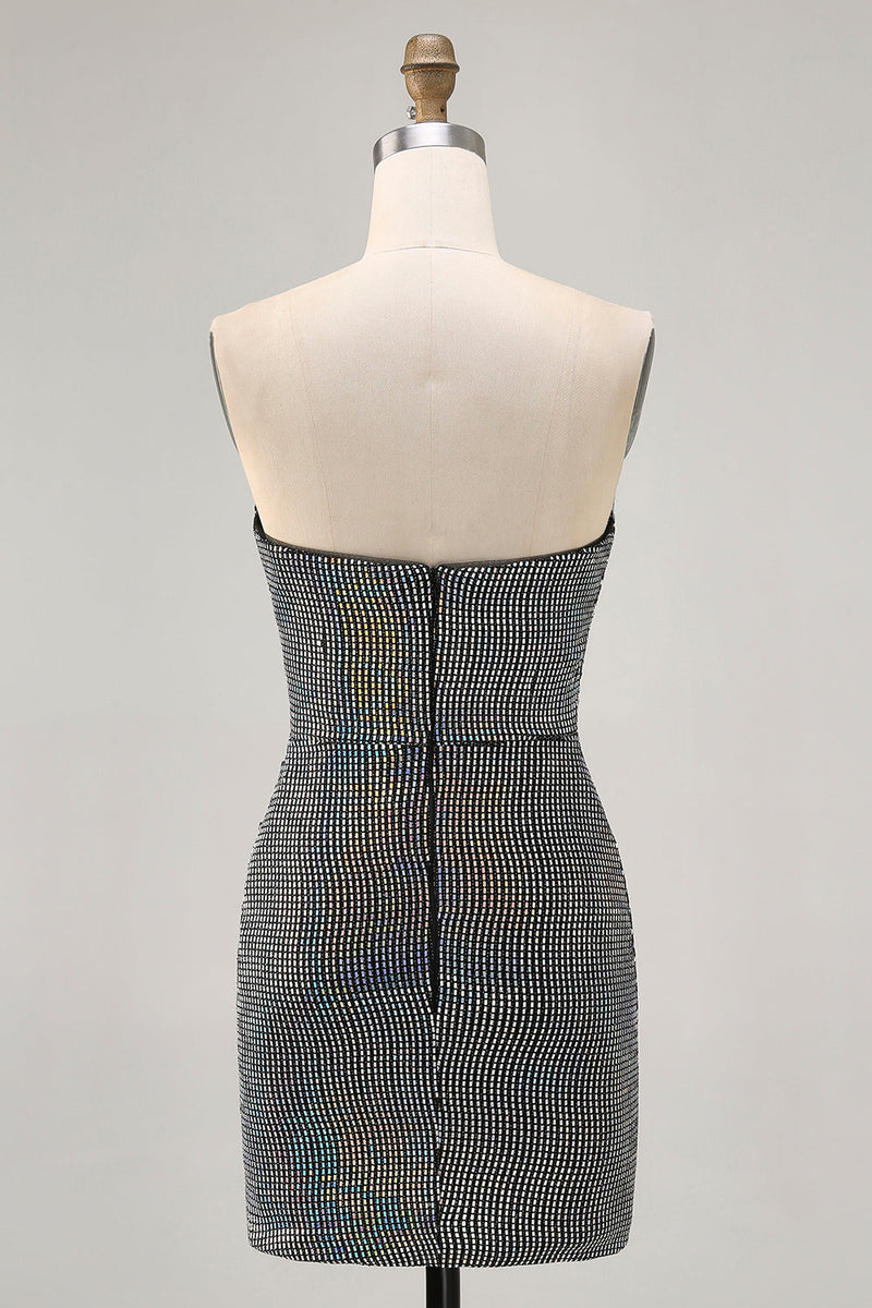 Laden Sie das Bild in den Galerie-Viewer, Funkelndes Schwarzes Trägerloses Enges Kurzes Cocktailkleid mit Pailletten