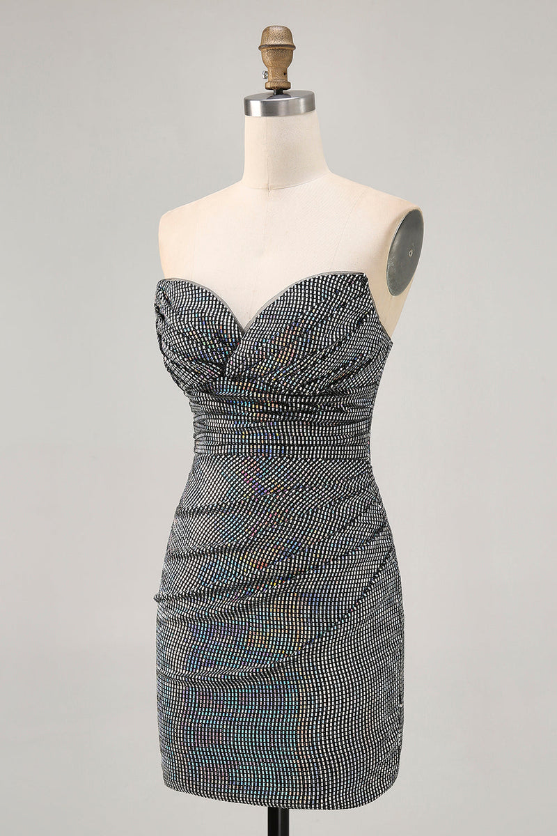 Laden Sie das Bild in den Galerie-Viewer, Funkelndes Schwarzes Trägerloses Enges Kurzes Cocktailkleid mit Pailletten