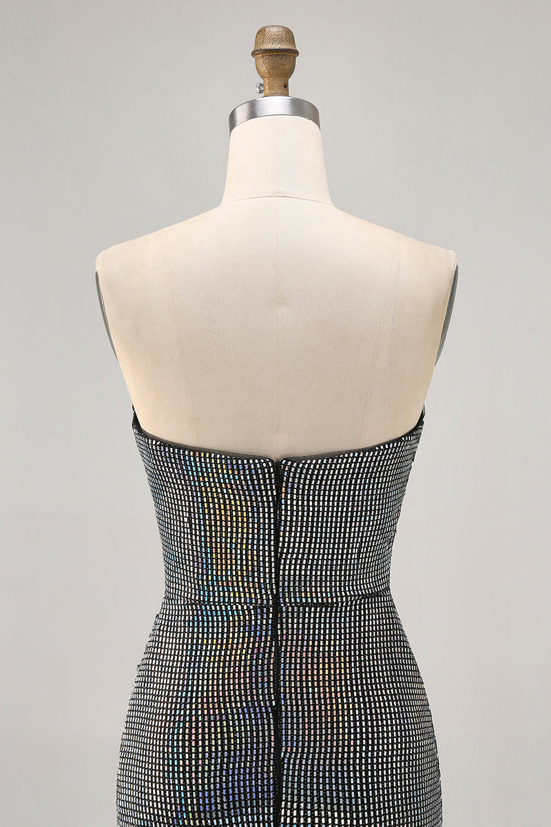 Laden Sie das Bild in den Galerie-Viewer, Funkelndes Schwarzes Trägerloses Enges Kurzes Cocktailkleid mit Pailletten