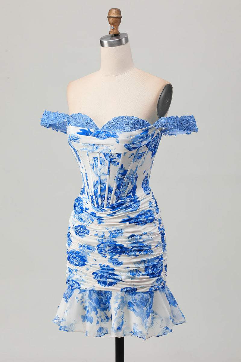 Laden Sie das Bild in den Galerie-Viewer, Weiß Blau Blume Schulterfreies Korsett Kurzes Abiballkleid mit Rüschen