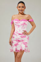 Laden Sie das Bild in den Galerie-Viewer, Schulterfreies Weißes Korsett Rot Blumen Kurzes Cocktailkleid