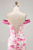 Laden Sie das Bild in den Galerie-Viewer, Schulterfreies Weißes Korsett Rot Blumen Kurzes Cocktailkleid