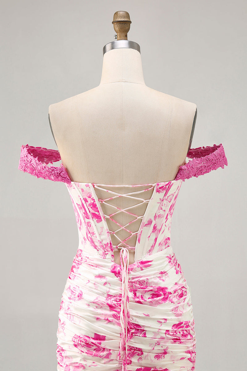 Laden Sie das Bild in den Galerie-Viewer, Schulterfreies Weißes Korsett Rot Blumen Kurzes Cocktailkleid